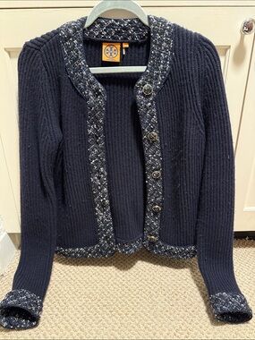 Tory Burch Navy Ribbed Knit Cardigan with Tweed Trim